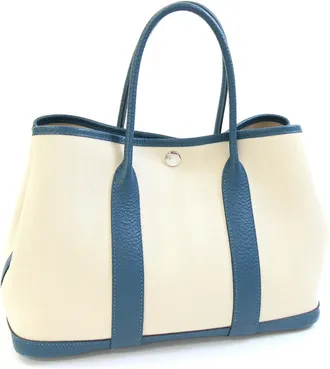 Herm&egrave;s Beige Blue Toile Chevron Handbag Tote Bag (Pre-Owned)