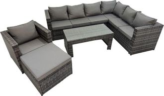 Fimous Fimous Outdoor Rattan Oblong Coffee Table Corner Sofa Sets Garden Furniture Set with Chair Big Stool Dark Grey Mixed