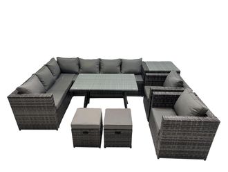 Fimous 10-seater Outdoor PE Rattan Sofa Set with with 2 Chair Side Table in Dark Grey
