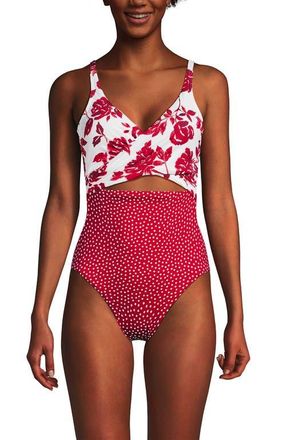 Lands End Wrap Monokini High Leg One Piece Swimsuit in Red Dot/red Graphic Floral at Nordstrom, Size 10
