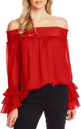 CeCe by Cynthia Steffe Smocked Off the Shoulder Blouse in Ribbon Red at Nordstrom, Size X-Small