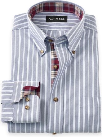 Paul Fredrick Slim Fit Non-iron Thermolite Flannel Stripe Dress Shirt With Contrast Trim