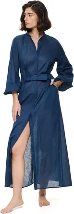 Gottex Modern Muse Belted Button Up Linen Dress Cover-Up in Dark Azure at Nordstrom, Size X-Large