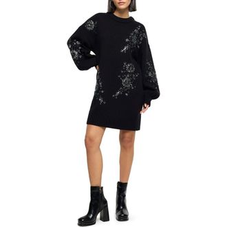 River Island Jessie Crystal Floral Embellished Long Sleeve Sweater Dress in Black at Nordstrom, Size Small