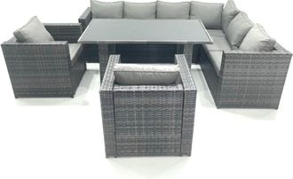 Fimous Fimous Outdoor Lounge Rattan Corner Sofa Set Garden Furniture Rectangular Dining Table Chair Dark Grey