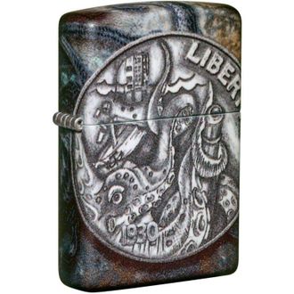 Zippo Accendino Pirate Coin 49434, Antivento Ricaricabile, Metallo, Nautico, Grigio Nero, Made in usa - Zippo