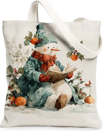 Generic Snow Man Canvas Tote Bags, Cute Winter Pattern Reusable Grocery Bags, Festive Lightweight Washable Shoulder Strap Canvas for Shopping Travel Picnic 13