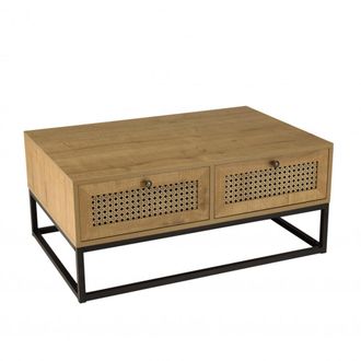 Macabane Mesa de centro marr&oacute;n de 4 cajones efecto rat&aacute;n y patas de metal negro