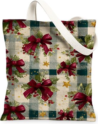 Generic Christmas Floral Canvas Tote Bags, Bow Pattern Reusable Grocery Bags, Winter Vintage Lightweight Washable Shoulder Strap Ca, Red, 13x15 Inch