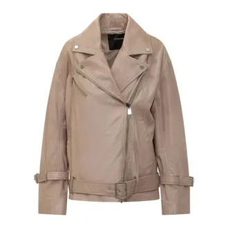 Pinko Leather Jackets, female, Beige, Size: XS Belted Leather Jacket