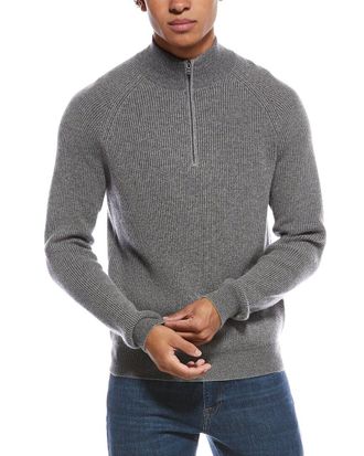 Amicale Cashmere Two-Tone Plaited Rib Cashmere 1/4-Zip Sweater