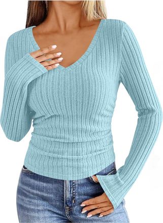 Generic Long Sleeve Tops Womens Elegant V Neck T Shirts Ladies Ribbed Knit Jumpers Stretch Fitted Basic Base Layer Undershirt Womens Casual Lightweight Underw