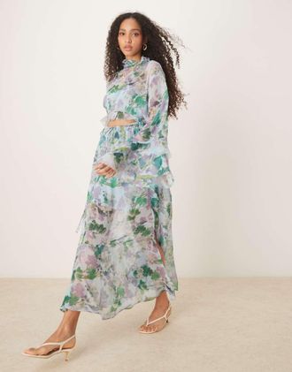 Asos high neck cut out maxi dress with frill sleeve in floral print-Multi