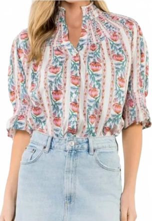 THML Clothing Hillary Button Down Top In Pink/blkue/beige