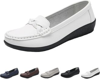Generic Comfortable Walking Flat Leather Loafers, Comfortable Dressy Wide Fit Slip on Wedge Loafers Orthopedic Driving Shoes (White,4.5)
