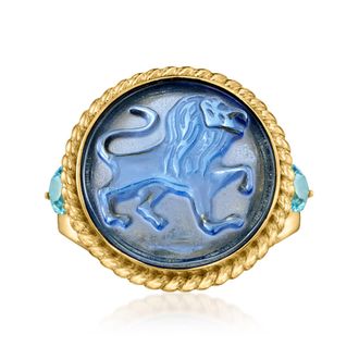 Ross-Simons Italian Tagliamonte Blue Venetian Glass Lion Ring With Swiss Blue Topaz in 18kt Gold Over Sterling