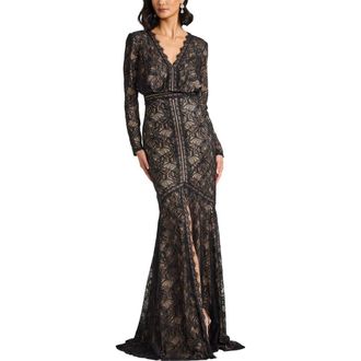 Tadashi Shoji Long Sleeve Eyelash Lace Mermaid Gown in Black/Beige at Nordstrom, Size 12