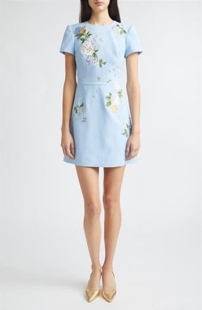 Carolina Herrera Floral Embroidered Crepe Minidress in Cloudy Blue at Nordstrom, Size 10