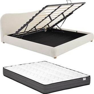 Vente-Unique Canap&eacute; abatible 180 x 200 cm - Tela boucl&eacute; - Beige + Colch&oacute;n - VANARI