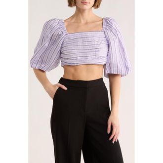 Sandro Blonvilla Puff Sleeve Linen Blend Crop Top in Lilas /Noir at Nordstrom Rack, Size 1 (Fits Like 2-4 Us) / 36 Eu