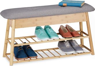 Relaxdays Relaxdays - Banco Zapatero Recibidor, Organizador 8 Pares Zapatos, 2 Baldas, Asiento Con Ba&uacute;l, Bamb&uacute;, 48x90x28 Cm, Natural