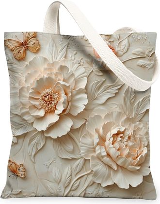 Generic Spring Relief Peony Flower Canvas Tote Bag for Shopping 13x15, Luxury Floral Wildflower Reusable Grocery Print Pattern Bag for Women, Garden Beach Aes