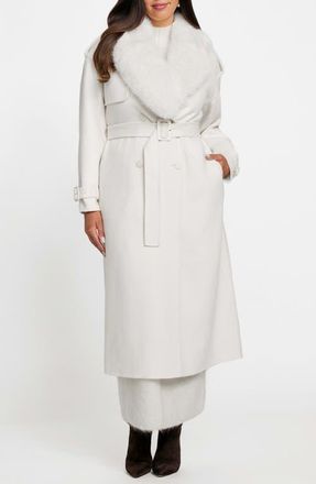 Marciano Ella Faux Fur Collar Double Breasted Coat in White at Nordstrom, Size 10 Us