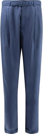 Saint Laurent Pantalons met ceintuur in zijde Habotai - Heren - Slim Fit Broeken - Blauw - L - Leer - Broeken