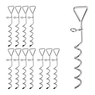 Relaxdays 12 Piquetas Para Camping, Espiral, Carpas & Cama El&aacute;stica, Acero, Sistema De Anclaje, 42 Cm, Plateado