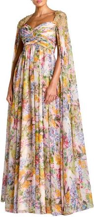 Mac Duggal Printed Chiffon Gown With Beaded Cape Sleeves in Pastel Multi at Nordstrom, Size 10