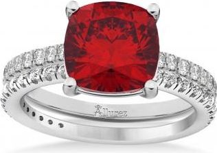 Allurez Ruby & Diamond Cushion-Set Semi-Eternity Bridal Set 14K White Gold (3.22ct)