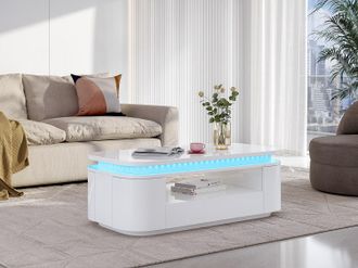 Vente-Unique Tavolino 4 ante e 1 cassetto con LED MDF Bianco laccato - VANDANA