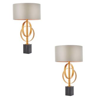 Loops 2 PACK Antique Gold Table Lamp & Mink Satin Shade - Black Marble Base Desk Light