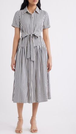 Julia Jordan Stripe Tie Waist Midi Shirtdress in Ivory Black at Nordstrom, Size 12