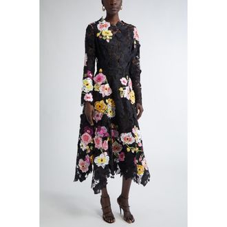 Oscar De La Renta Orchid Threadwork Long Sleeve Floral Lace Fit & Flare Gown in Black at Nordstrom, Size 4