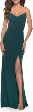 La Femme Long Jersey Dress with V-neck and Open Back in Dark Emerald at Nordstrom, Size 10