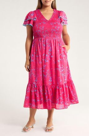 Sugarlips Delina Floral Smock Bodice Cotton Dress in Pink/Blue at Nordstrom, Size 2 X