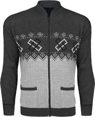 Generic MMK Mens Zip Up Long Sleeve Cardigan Argyle Knitwear Jumper - Adults Granddad Aztec Printed Two Front Pockets Winter Outdoor Sweater Top Plus Size S-X