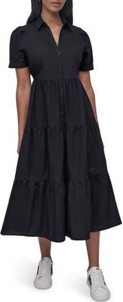 DKNY Short Sleeve Tiered Cotton Poplin Shirtdress in Black at Nordstrom Rack, Size Xx-Small