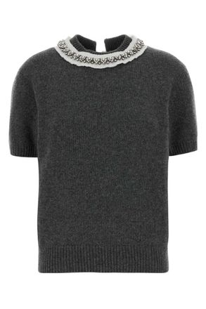 Prada Grey Embellished Crew Neck Sweater