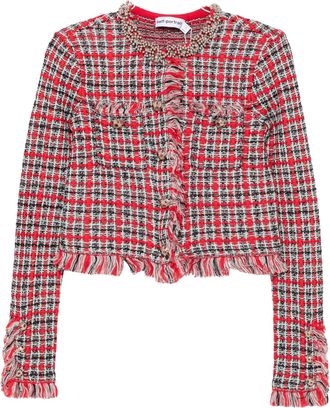 Self Portrait Cropped Checkered Fringe Trim Jacket