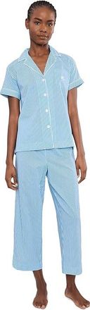 Lauren Ralph Lauren Short Sleeve Notch Collar Cropped Pants PJ Set Womens Pajama Sets Dark Blue Stripe : LG (US 12-14), Cotton/Viscose