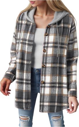 Generic Womens Plaid Jacket Lapel Button Down Long Shacket Casual Fashion Long Sleeve Trench Coat Winter Outwear Clothes Womens Flannel Checked Shirts Oversiz