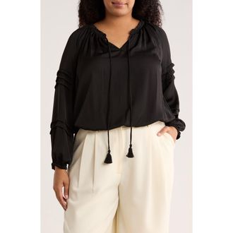 Daniel Rainn Tie Front Long Sleeve Satin Top in Black at Nordstrom Rack, Size 2X