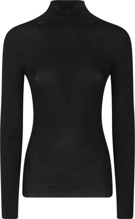 Prada Truien & Vesten, Dames, Zwart, S, Leer, Geribbelde Trui met Logo met Col