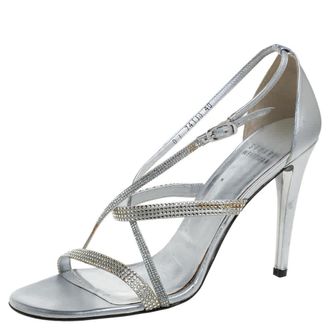 Stuart Weitzman Silver Leather Crystal Embellished Strappy Sandals