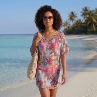 Lascana Chiffontunika LASCANA, Damen, Gr. 38, blau (sand bedruckt), Chiffon, Obermaterial: 100% Polyester, bedruckt, figurumspielend mini, V-Ausschnitt, Tunik