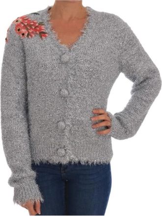 Dolce & Gabbana Bloemenapplicatie Cardigan - Dames - Vesten - Grijs - L - Polyester - Truien & Vesten