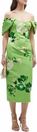Monique Lhuillier Off Shoulder Dress With Draped Arm In Lime Multi