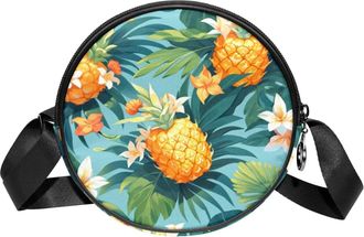 Generic Circle Crossbody Bag for Women, Tropical Pineapple Small Sling Bag Daypack with Zipper Adjustable Shoulder Straps Casual Ladies Girls Round Purse